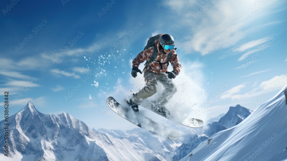 Man in ski goggles rides a snowboard from a snowy mountain