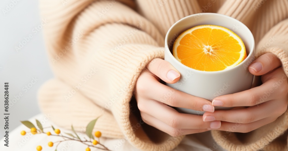 Woman holds in hand cup with orange tea