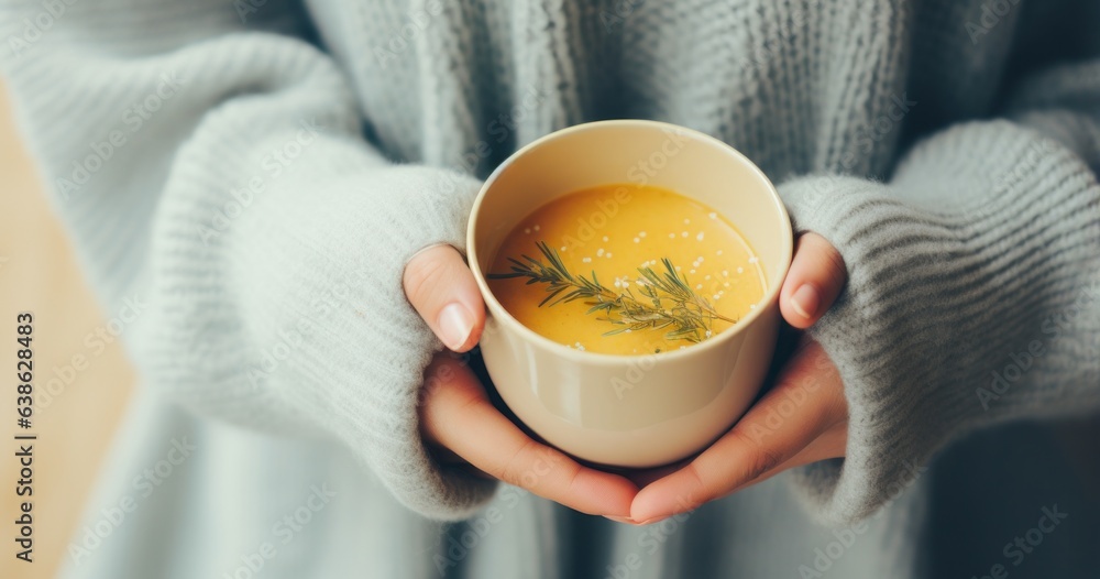 Woman holds in hand cup with orange tea