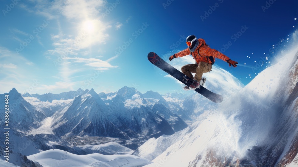 Man in ski goggles rides a snowboard from a snowy mountain