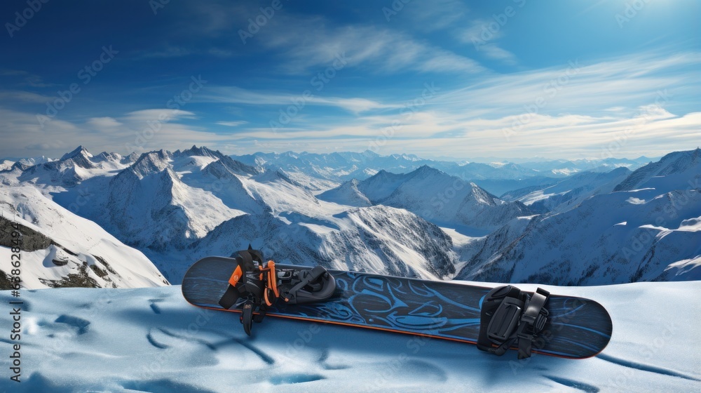 Man in ski goggles rides a snowboard from a snowy mountain