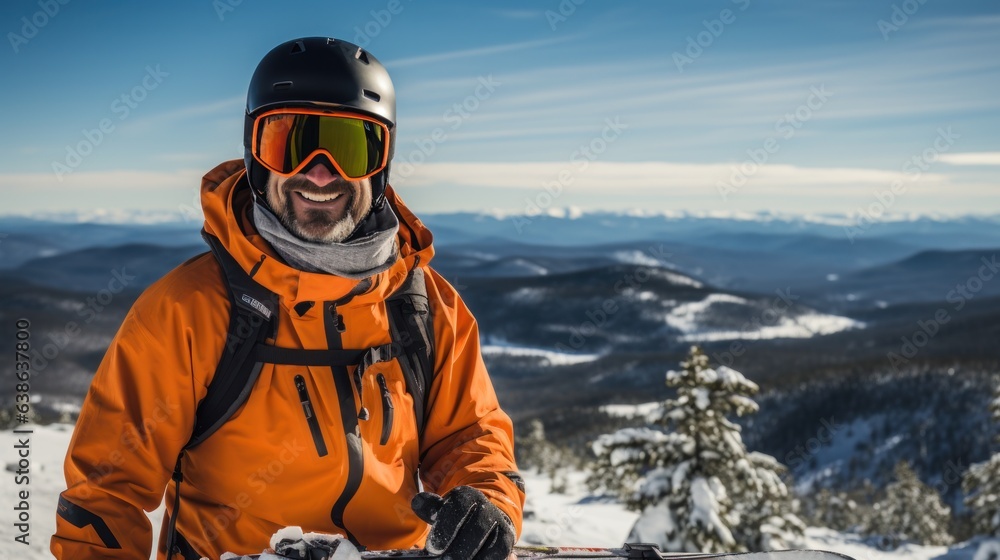 Man in ski goggles rides a snowboard from a snowy mountain