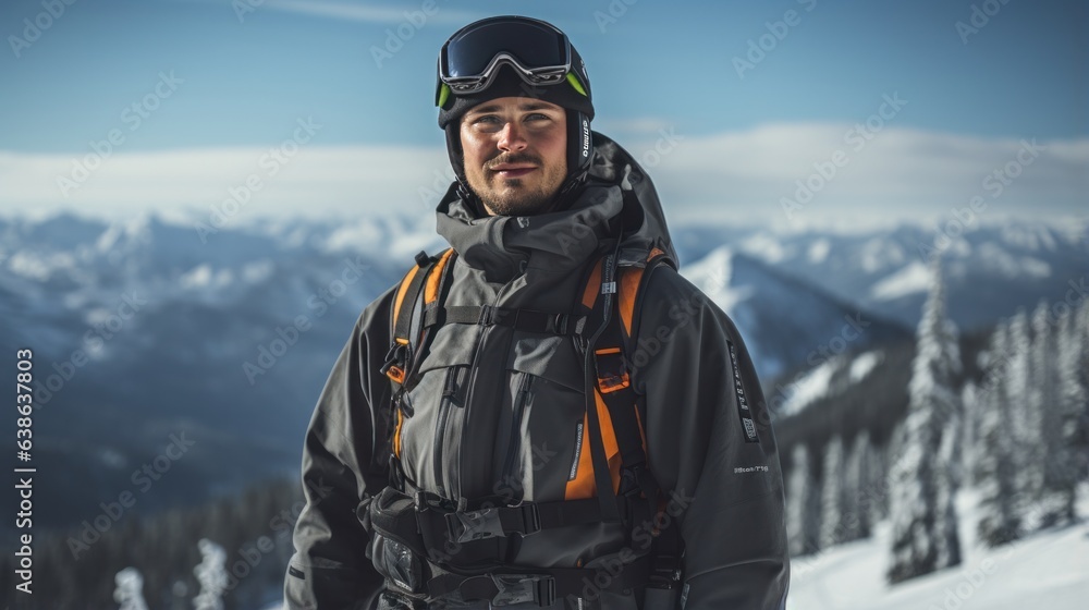 Man in ski goggles rides a snowboard from a snowy mountain