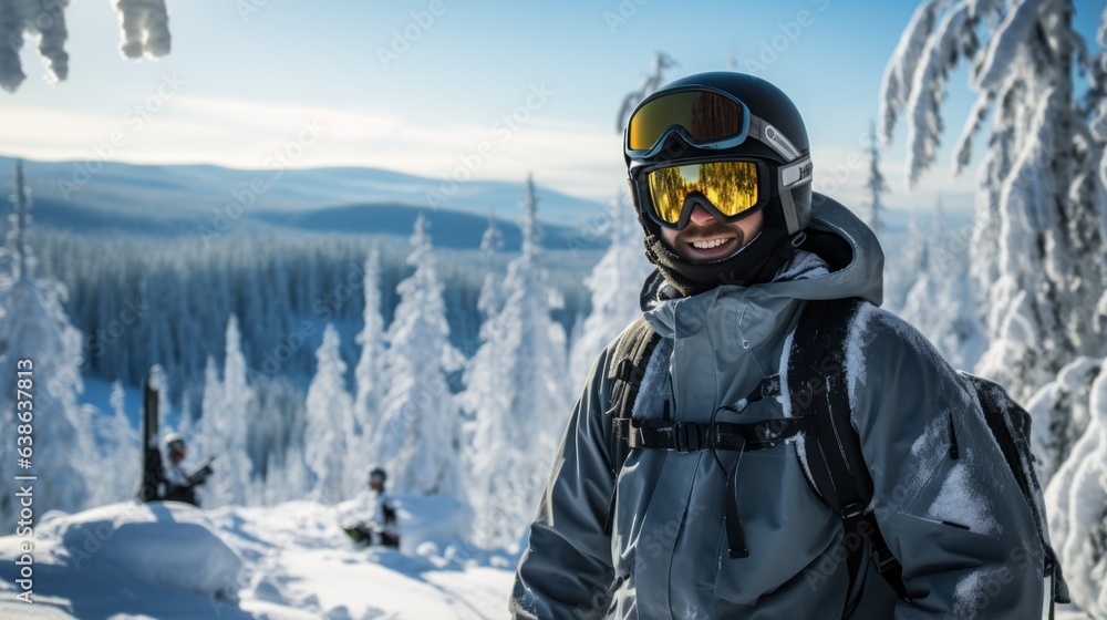 Man in ski goggles rides a snowboard from a snowy mountain