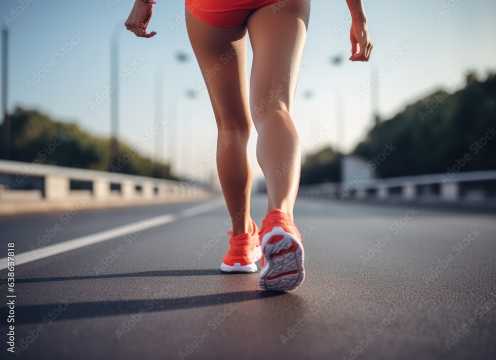 Woman walking on pavement with running shoes