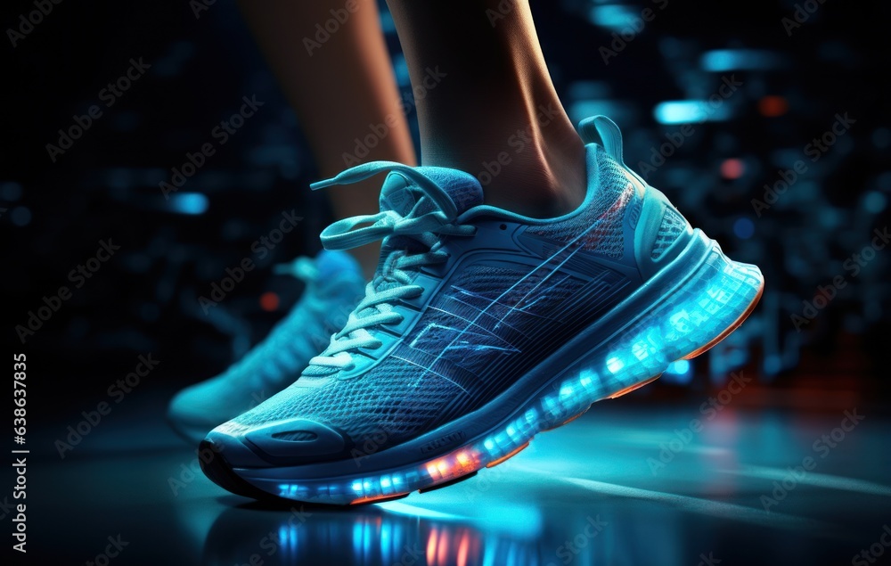 A person in running shoes on the background of an electronic signal