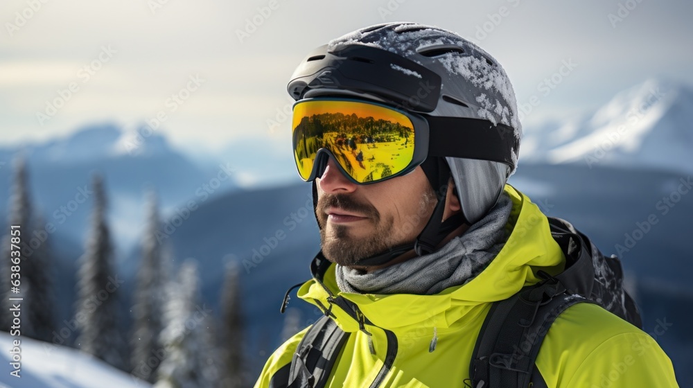 Man in ski goggles rides a snowboard from a snowy mountain