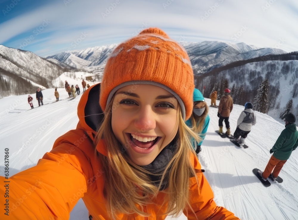 Skateboarder girls snowboarding on top of mountain