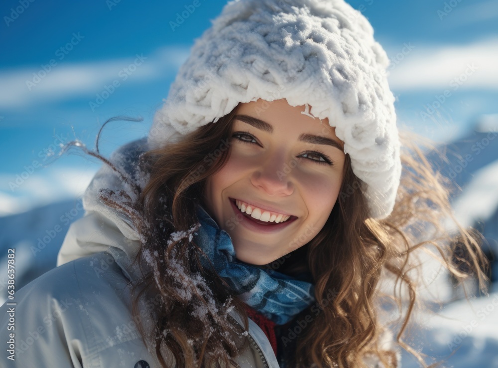 Skateboarder girls snowboarding on top of mountain