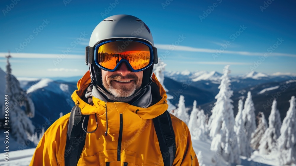 Man in ski goggles rides a snowboard from a snowy mountain