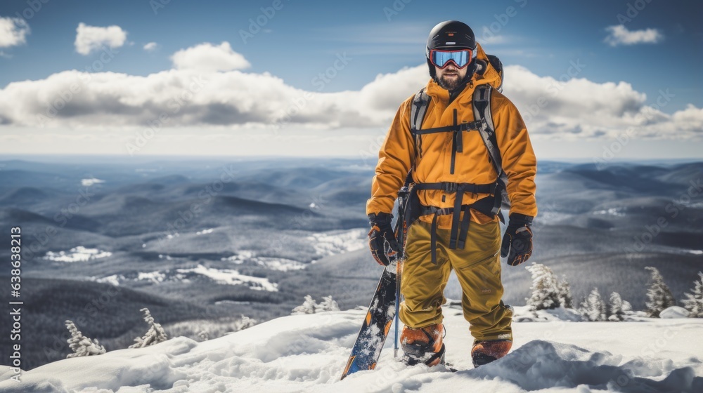 Man in ski goggles rides a snowboard from a snowy mountain