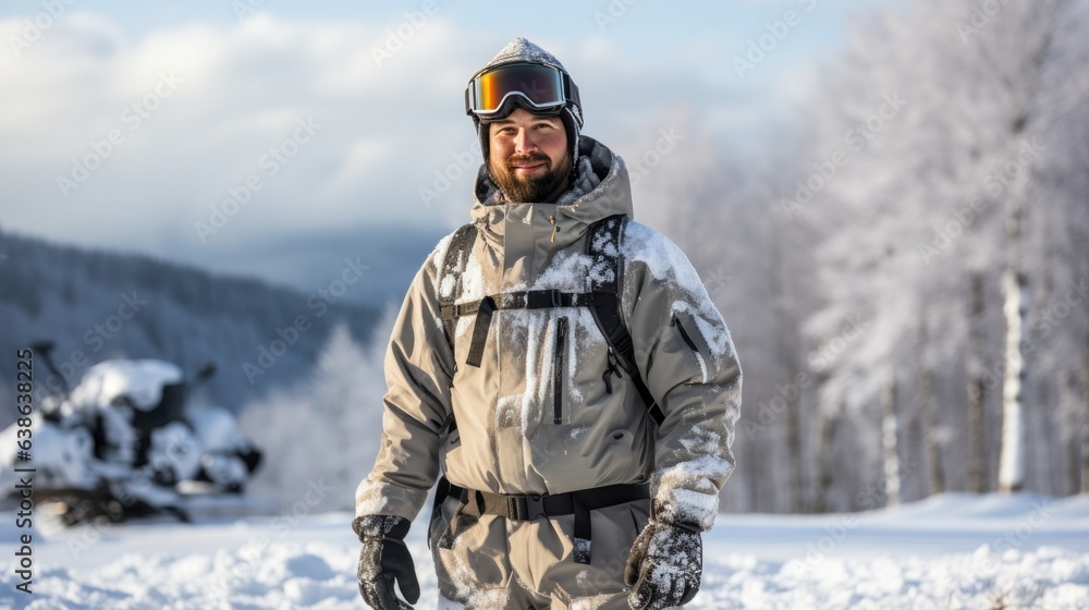 Man in ski goggles rides a snowboard from a snowy mountain