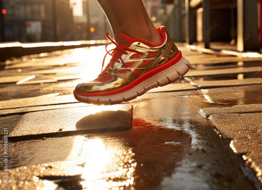 Woman walking on pavement with running shoes