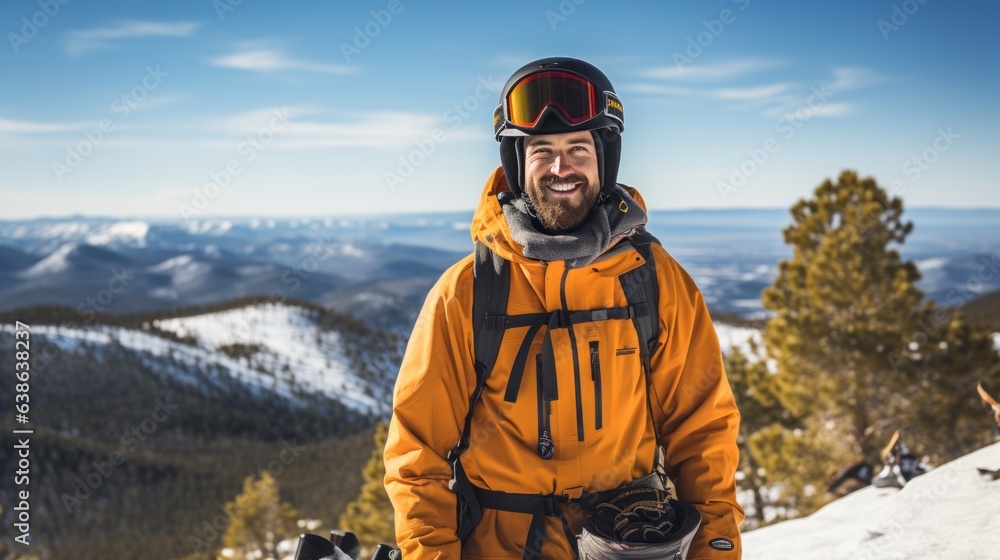 Man in ski goggles rides a snowboard from a snowy mountain