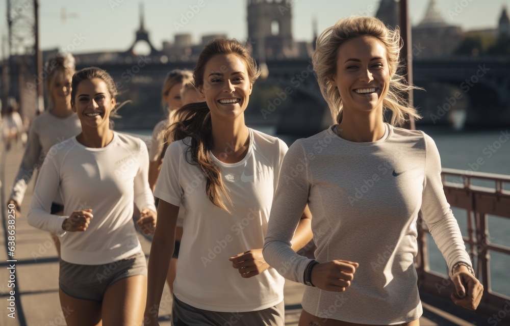 Jogging by a bridge with friends