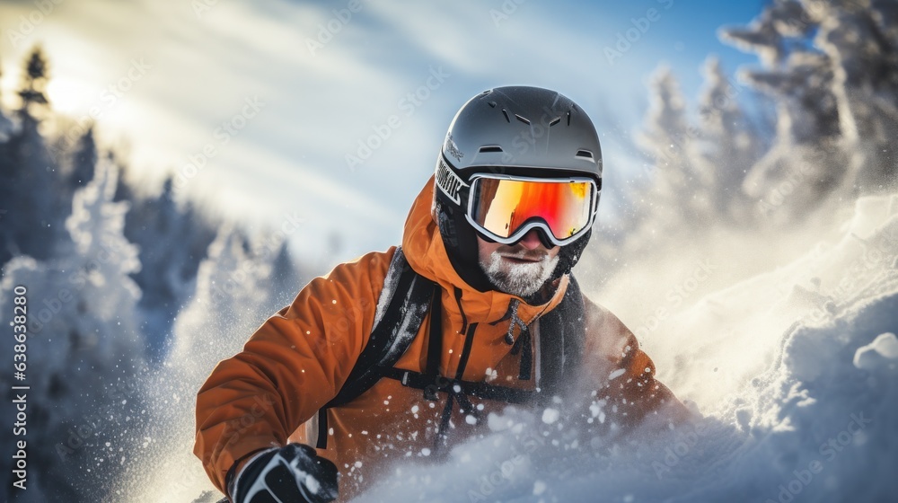 Man in ski goggles rides a snowboard from a snowy mountain