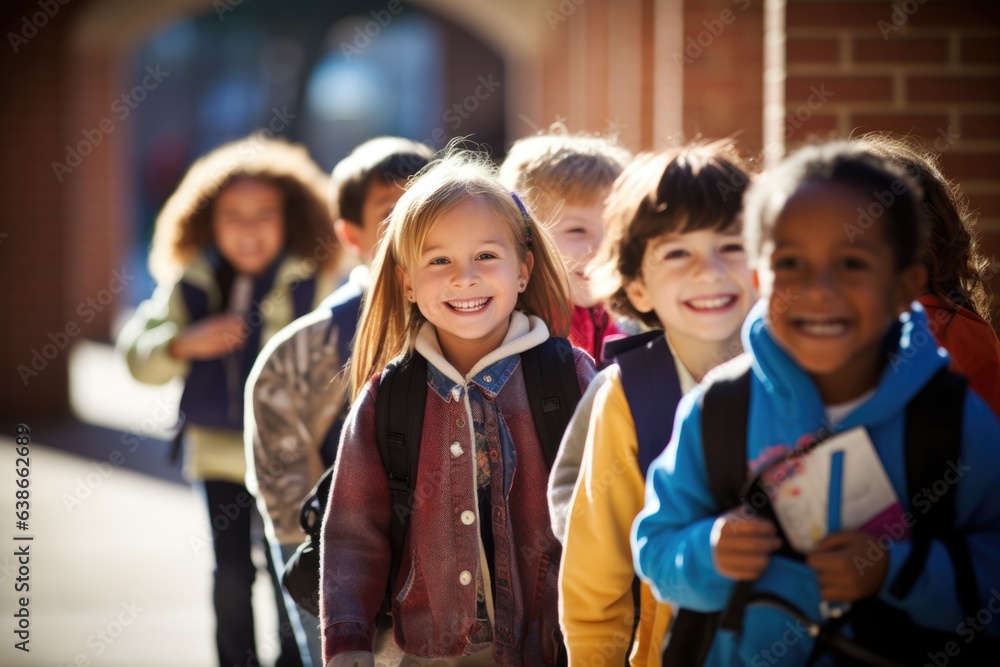 Young and diverse group of elemenetary school children going to school together for their first day 