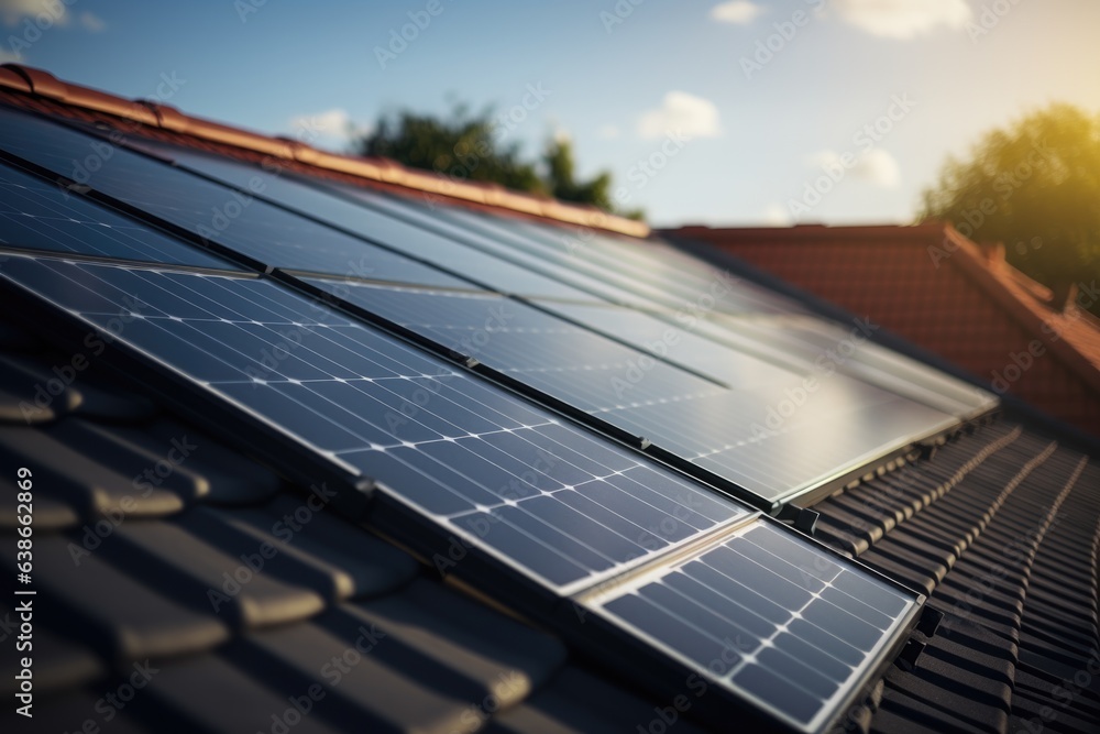 Modern house with solar panels representing renewable energy and saving the environment