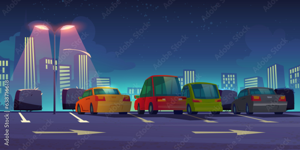 Night car park lot on city street vector illustration. Free slot for vehicle on urban public carpark