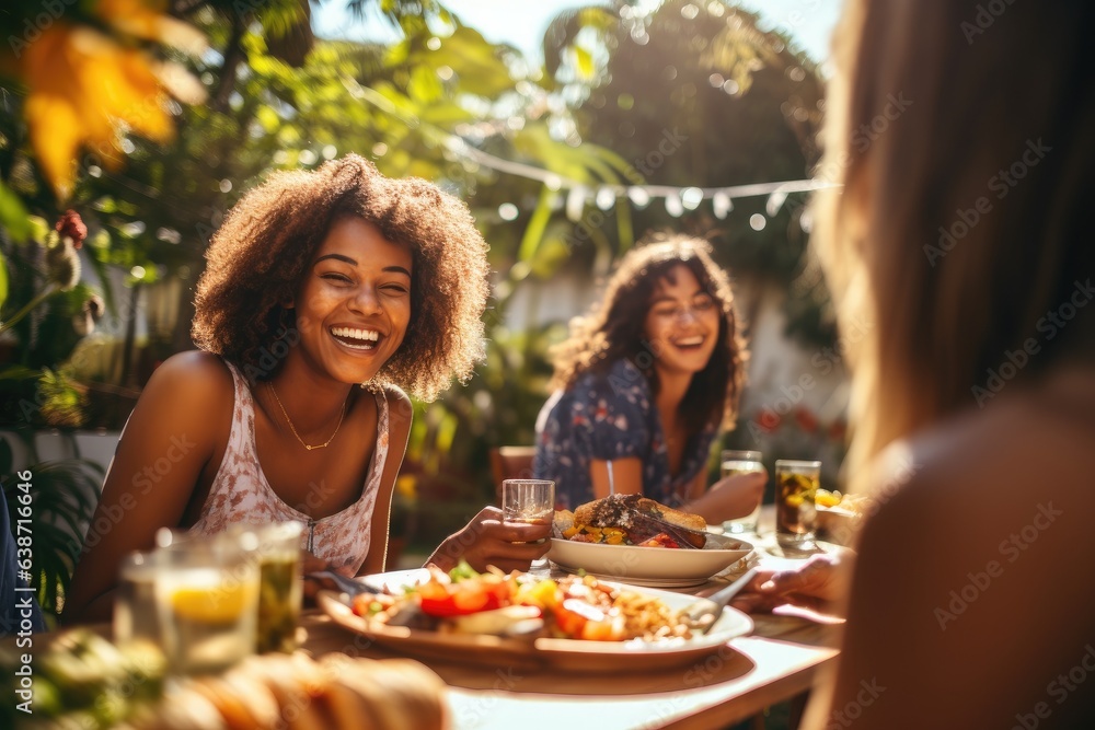 Diverse teenage and friends having a picnic barbeque grill in the garden. Generative AI