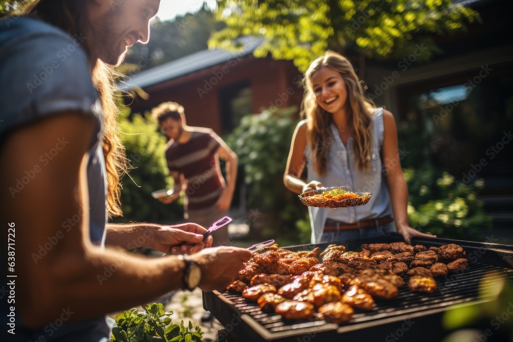 Diverse teenage and friends having a picnic barbeque grill in the garden. Generative AI