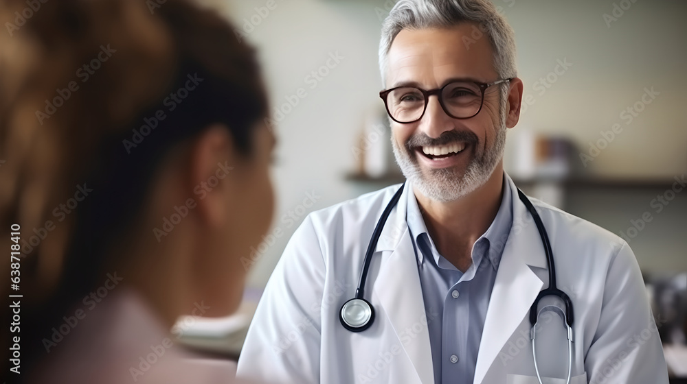 Cheerful doctor talking to patient in hospital for healthcare, support and advice on treatment. Smil