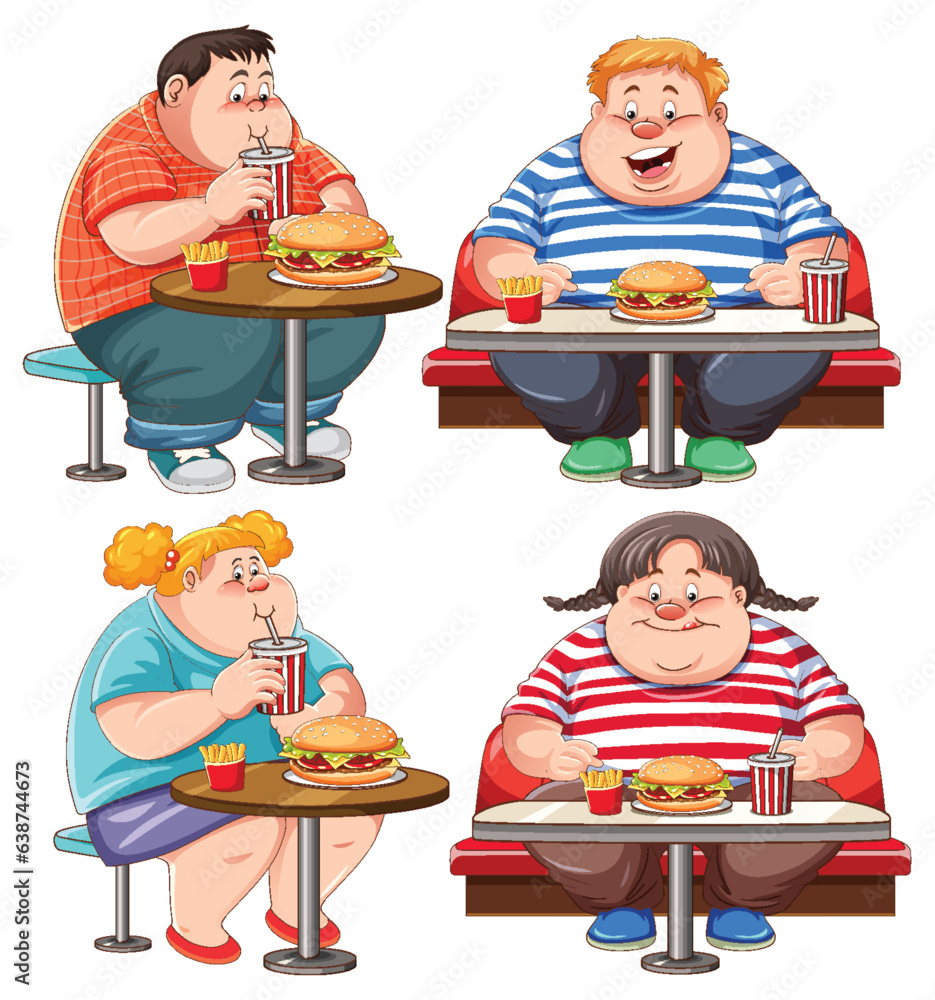 Group of Fat Man and Woman Eating Fast Food