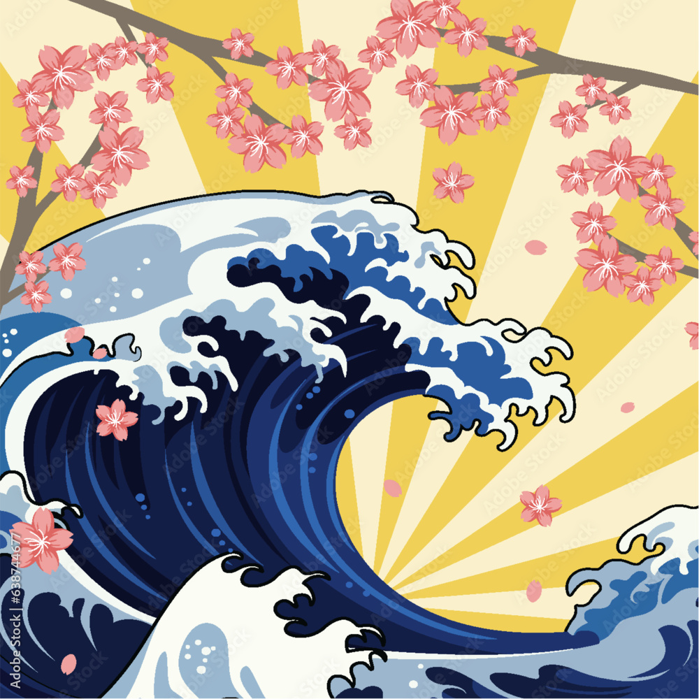 Japanese Style Great Wave with Retro Comic Background