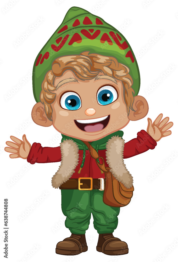 Cheerful Winter Cartoon Character: Happy Boy in Festive Attire