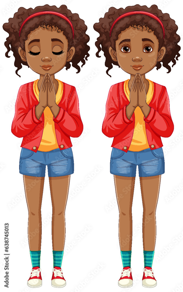 Praying Woman with Curly Hair: A Vector Illustration