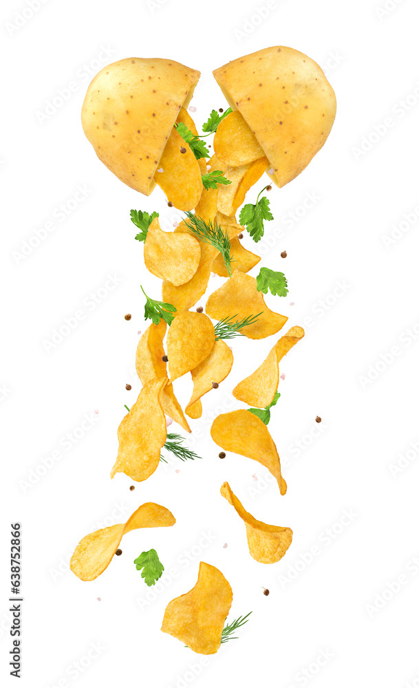 Chips with spices and herbs fall out of potatoes on a white isolated background