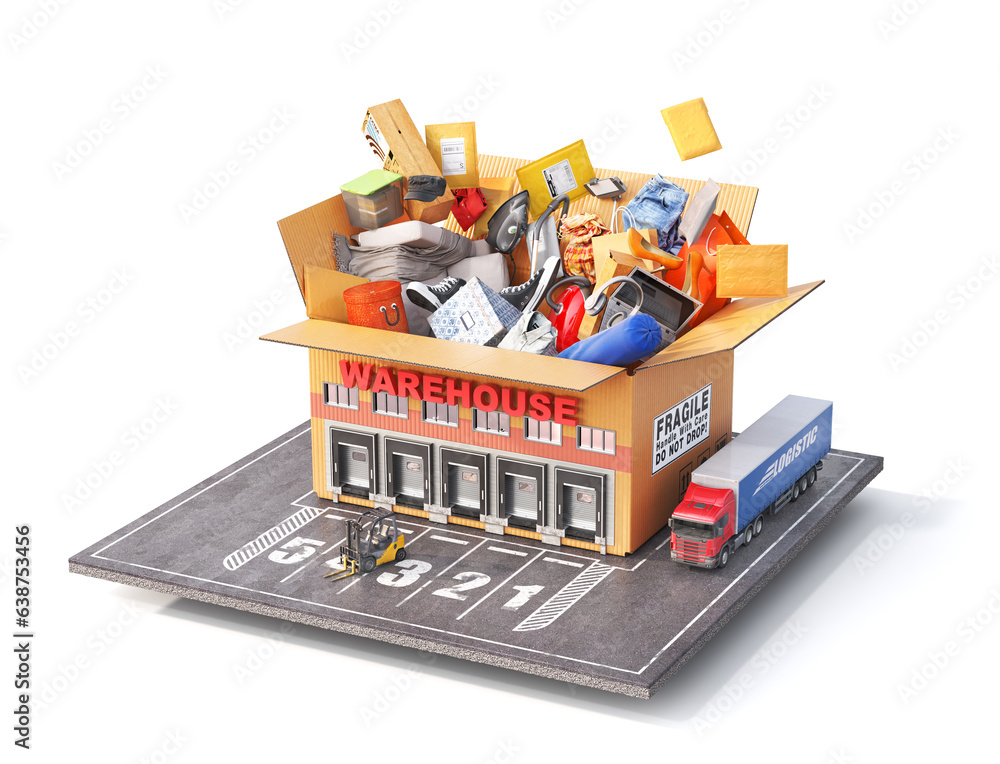 Logistic concept. Cardboard box in form of warehouse. 3d illustration