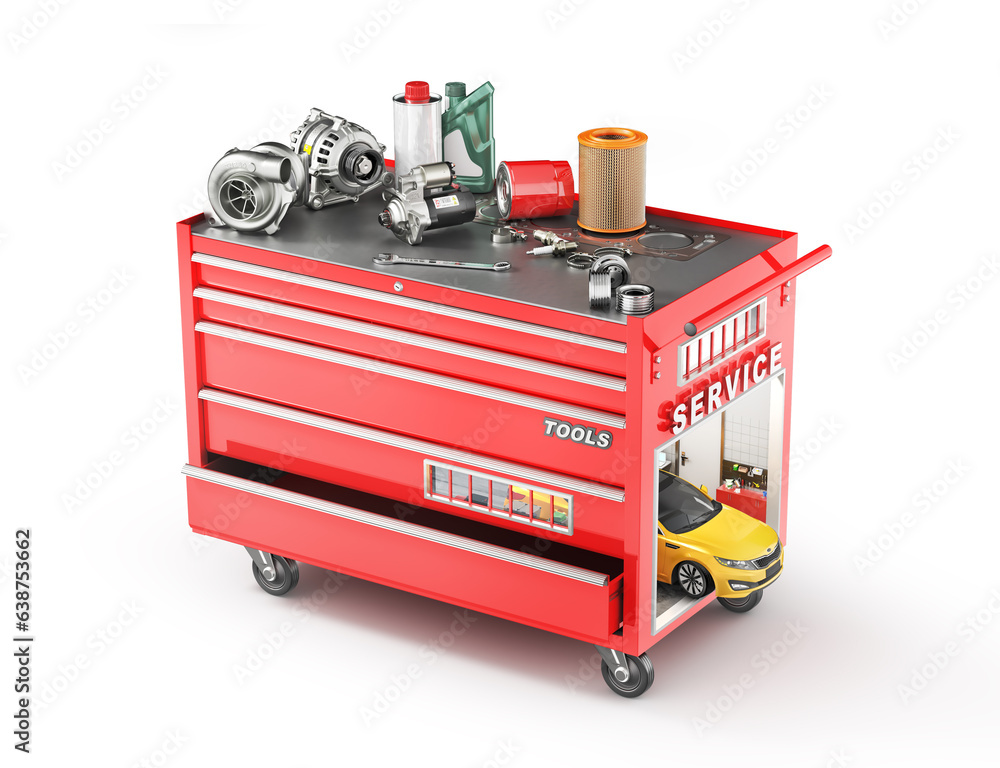 Car service concept. Car repair hall in form of toolbox. 3d illustration