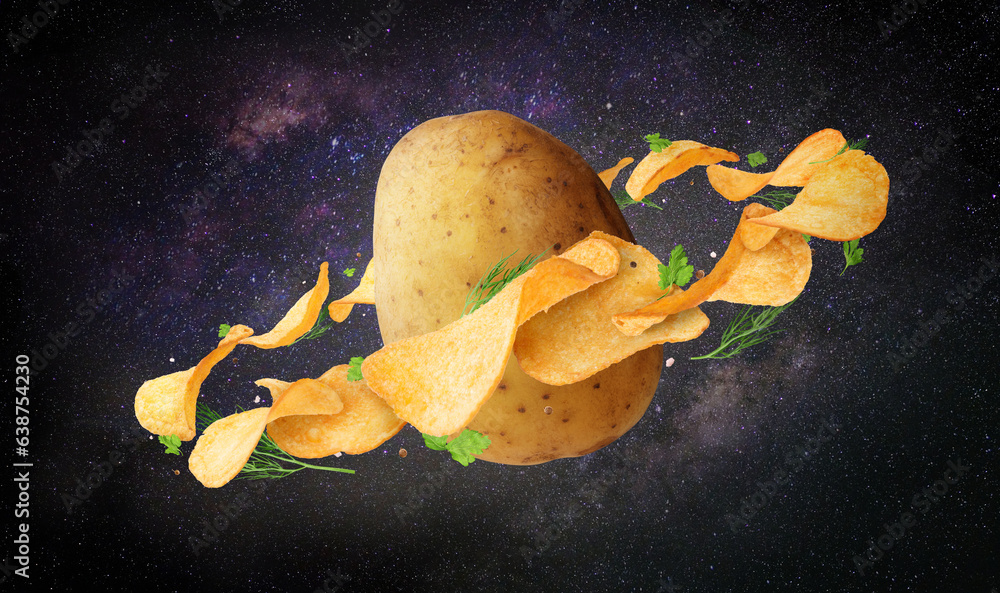 Potato surrounded by chips with greens in space