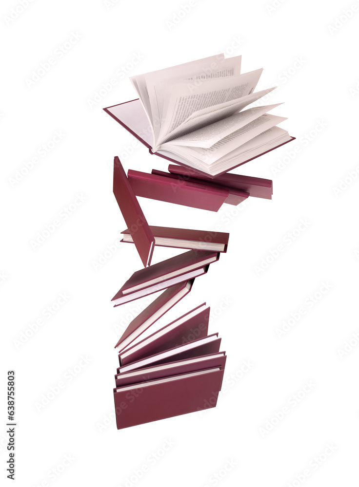 composition of books in flight against white background