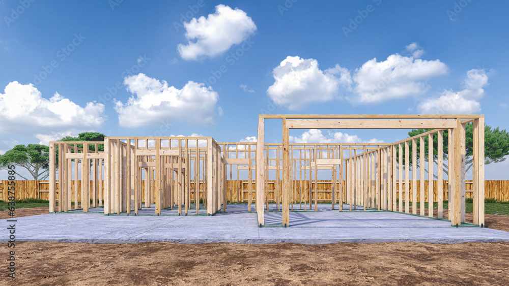 Assembling a frame house on the construction site 3d illustration