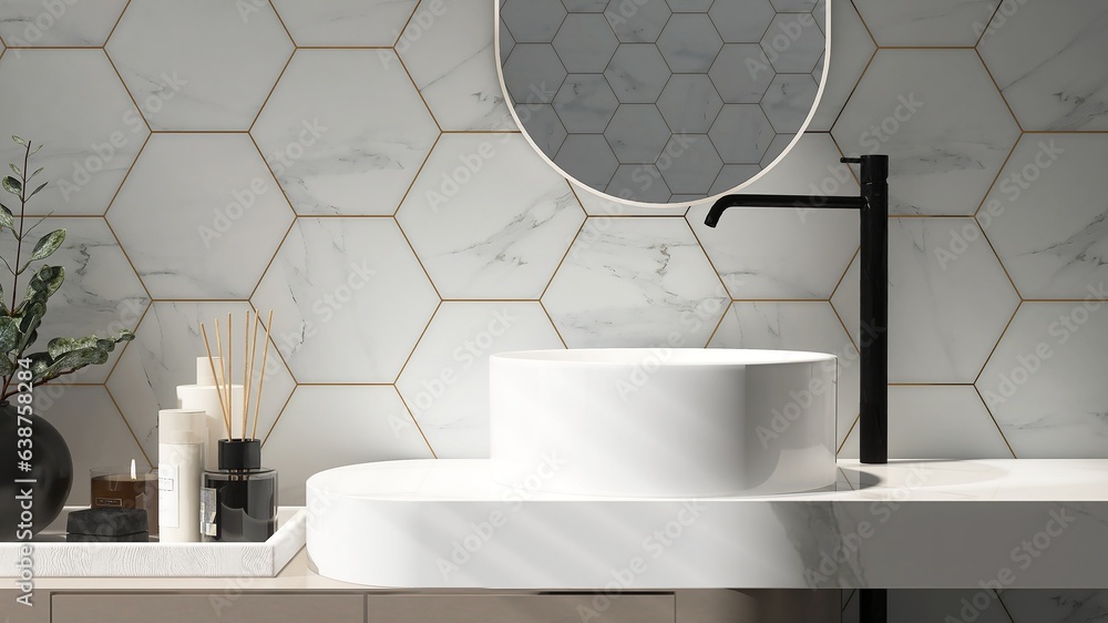 White vanity counter, modern bowl washbasin, black faucet in sunlight, shadow on pastel blue hexagon