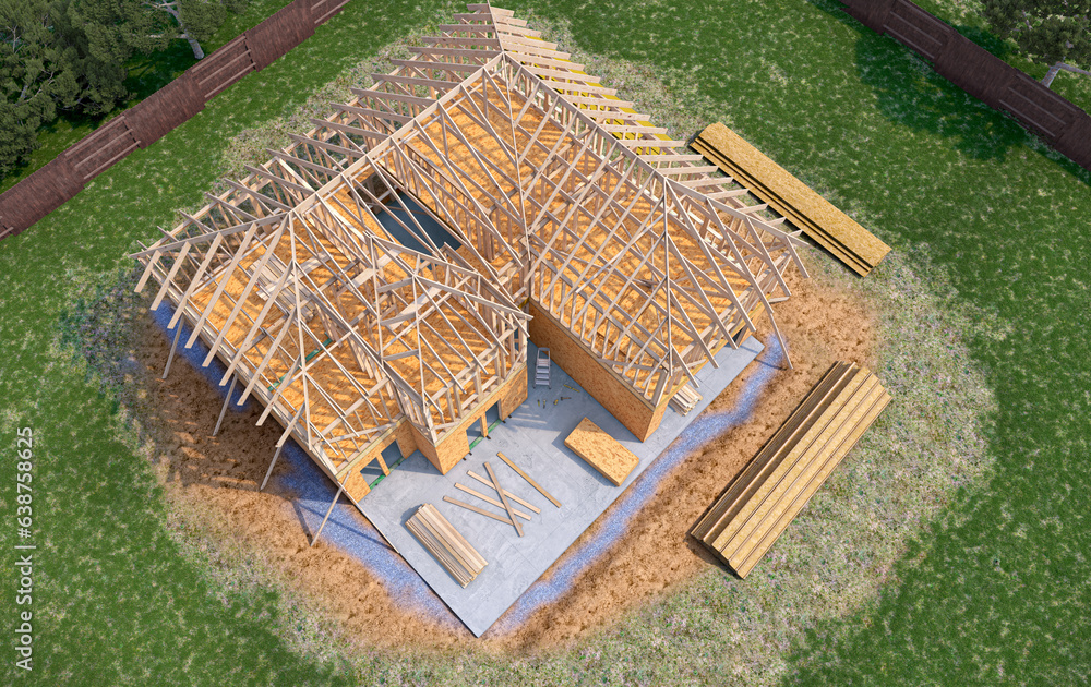 Assembling a frame house on the construction site. 3d illustration