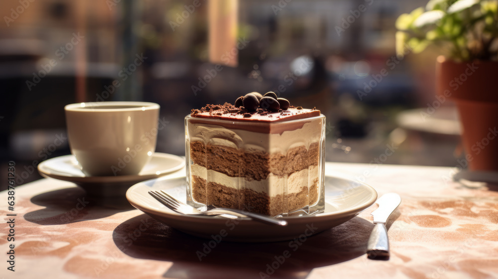 Classic tiramisu in a glass jar in Italian cafe. Traditioanal italian dessert.