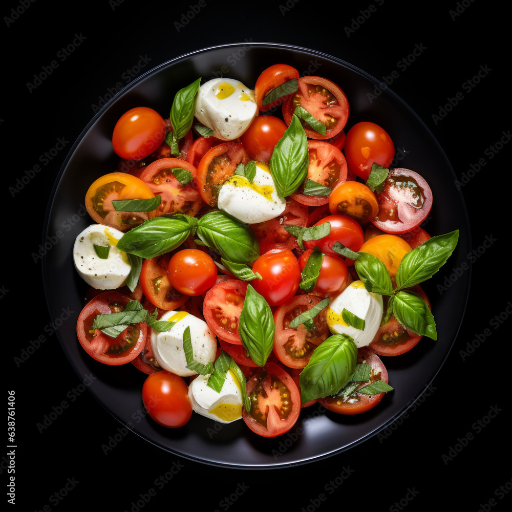 Italian caprese salad with sliced tomatoes, mozzarella cheese, basil, olive oil.