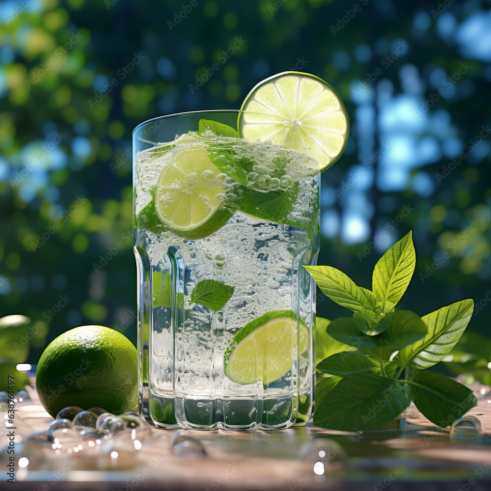 Fresh mojito cocktail with mint, lime and ice with tropical trees and plants on a dark mystical back