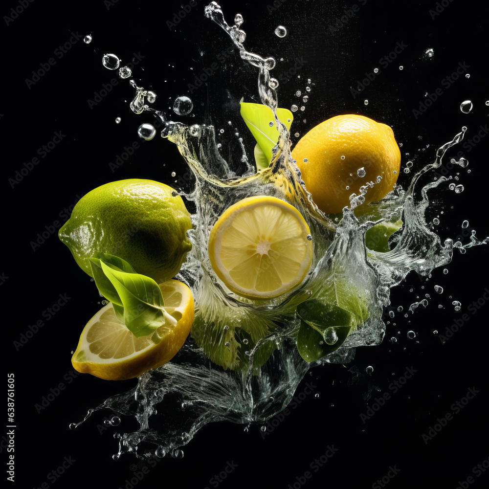 Citrus Fruits on black background with water splash.