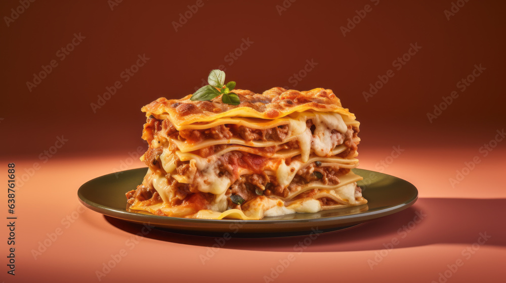 Close-up of a traditional lasagna made with minced beef bolognese sauce topped with basil leafs serv