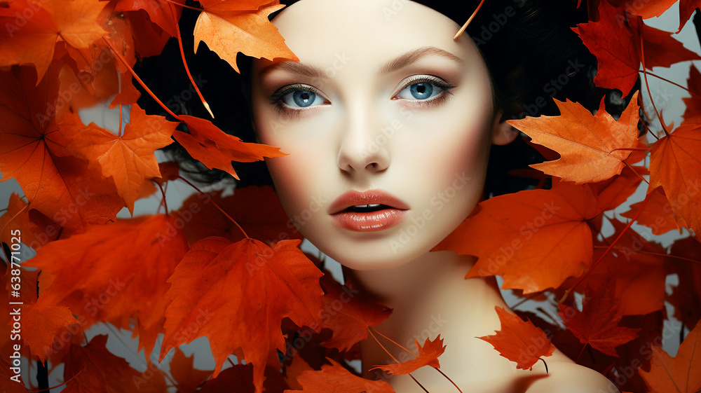 Beautiful model with autumn leaves