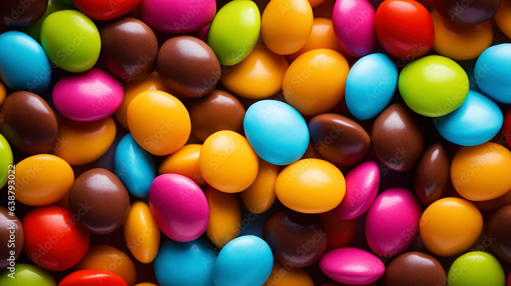 Close up of a pile of colorful chocolate coated candies. Candy background. Generative AI