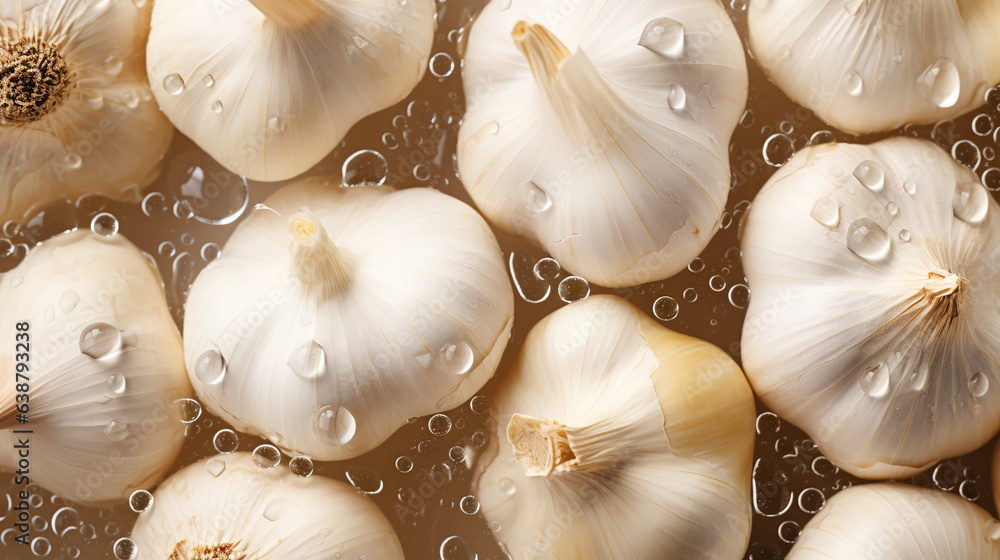 Fresh garlic with water drops background. Vegetables backdrop. Generative AI