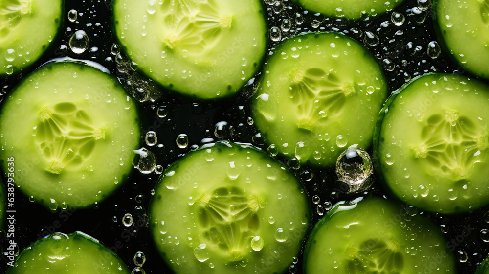 Fresh green cucumber slices with water drops background. Vegetables backdrop. Generative AI