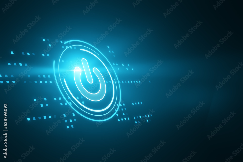 Glowing digital power button on blue background. Computer and technology concept. 3D Rendering.