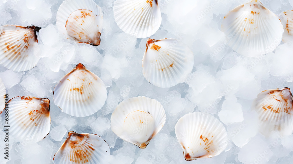 Raw fresh scallops on ice cubes. Seafood background. Generative AI