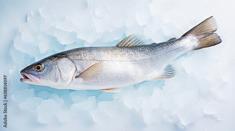 Fresh raw cod fish on ice. Seafood background. Generative AI